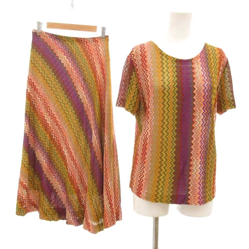 ミッソーニ MISSONI 美品 セットアップ ニット カットソー 半袖 ロングスカート 総柄 イージー マルチカラー オレンジ /MG