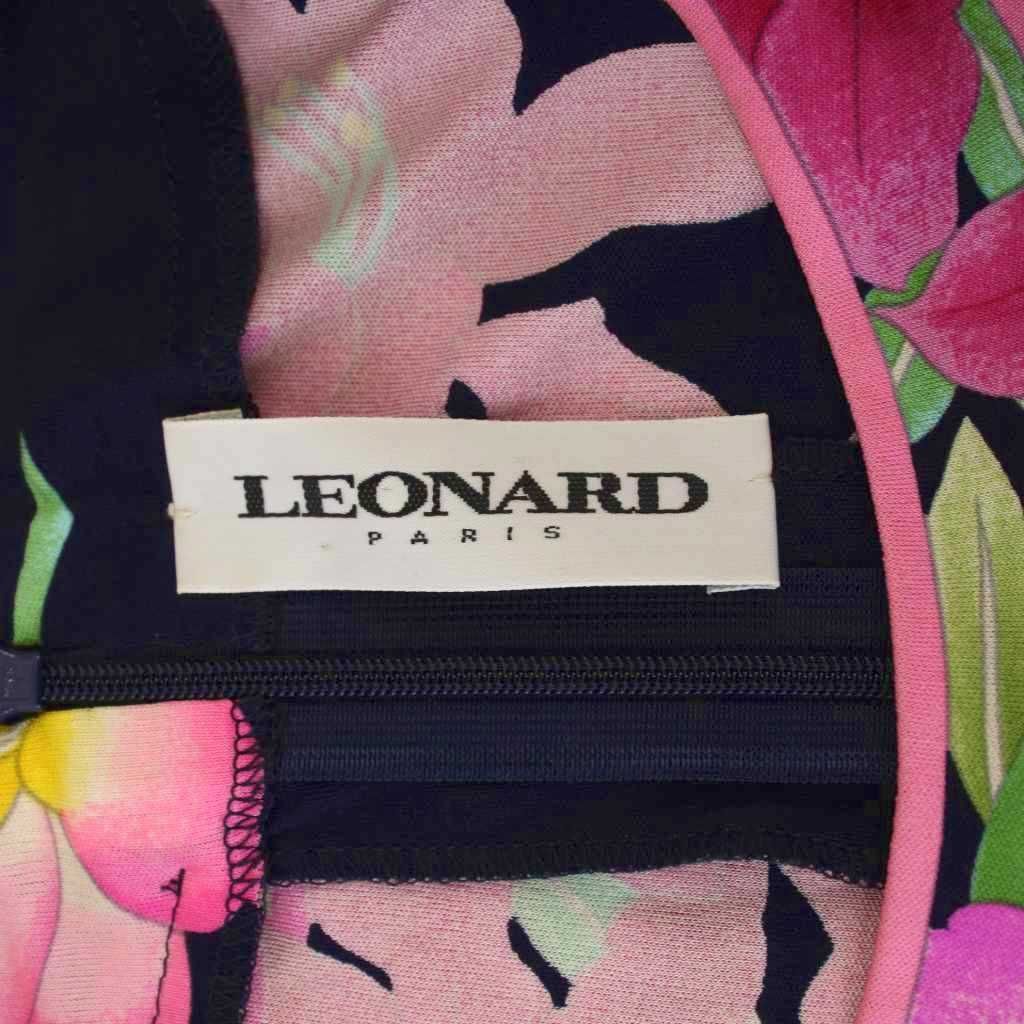 レオナール LEONARD ワンピース ミモレ丈 長袖 花柄 シルク 46 紺