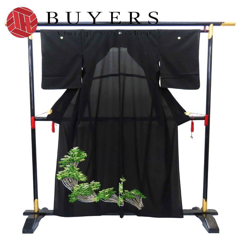 【中古】 留袖 絽 正絹 着丈約156cm 裄丈約65cm 黒 グリーン 夏物 刺繍 和装 呉服 和服 きもの レディース 女性