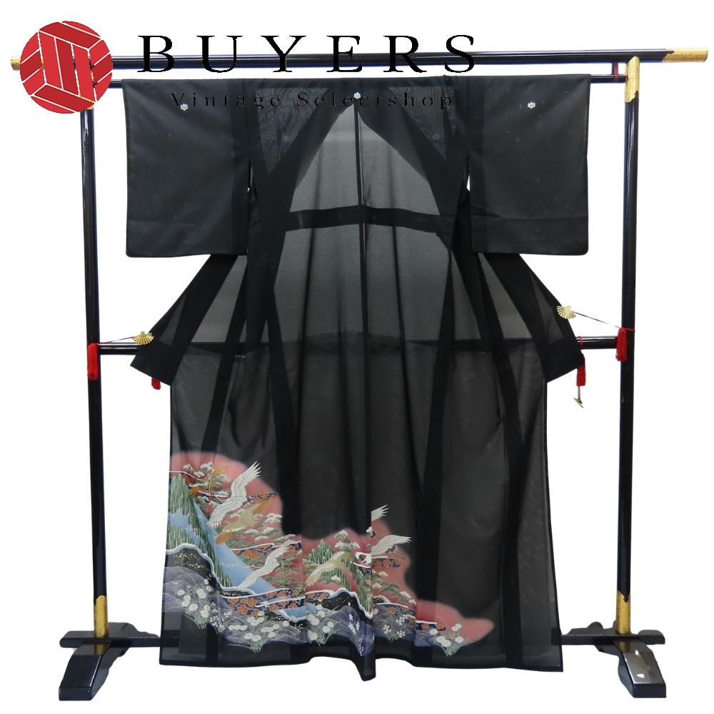 【中古】 留袖 絽 化学繊維 着丈約161cm 裄丈約64cm 黒 夏物 和装 呉服 和服 きもの レディース 女性