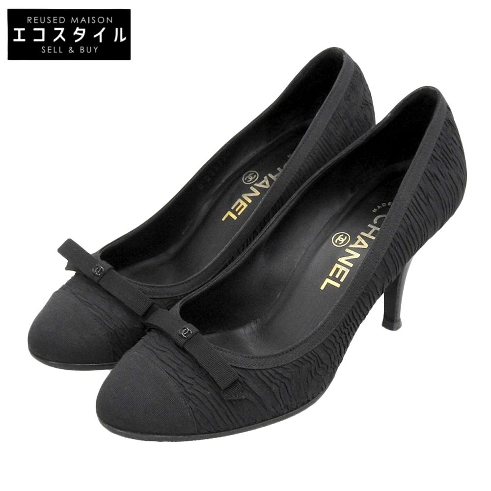 CHANEL　シャネル　グログランリボン ココマーク キャップトゥ ヒールパンプス レディース ブラック36 1/2C　36 1/2C
