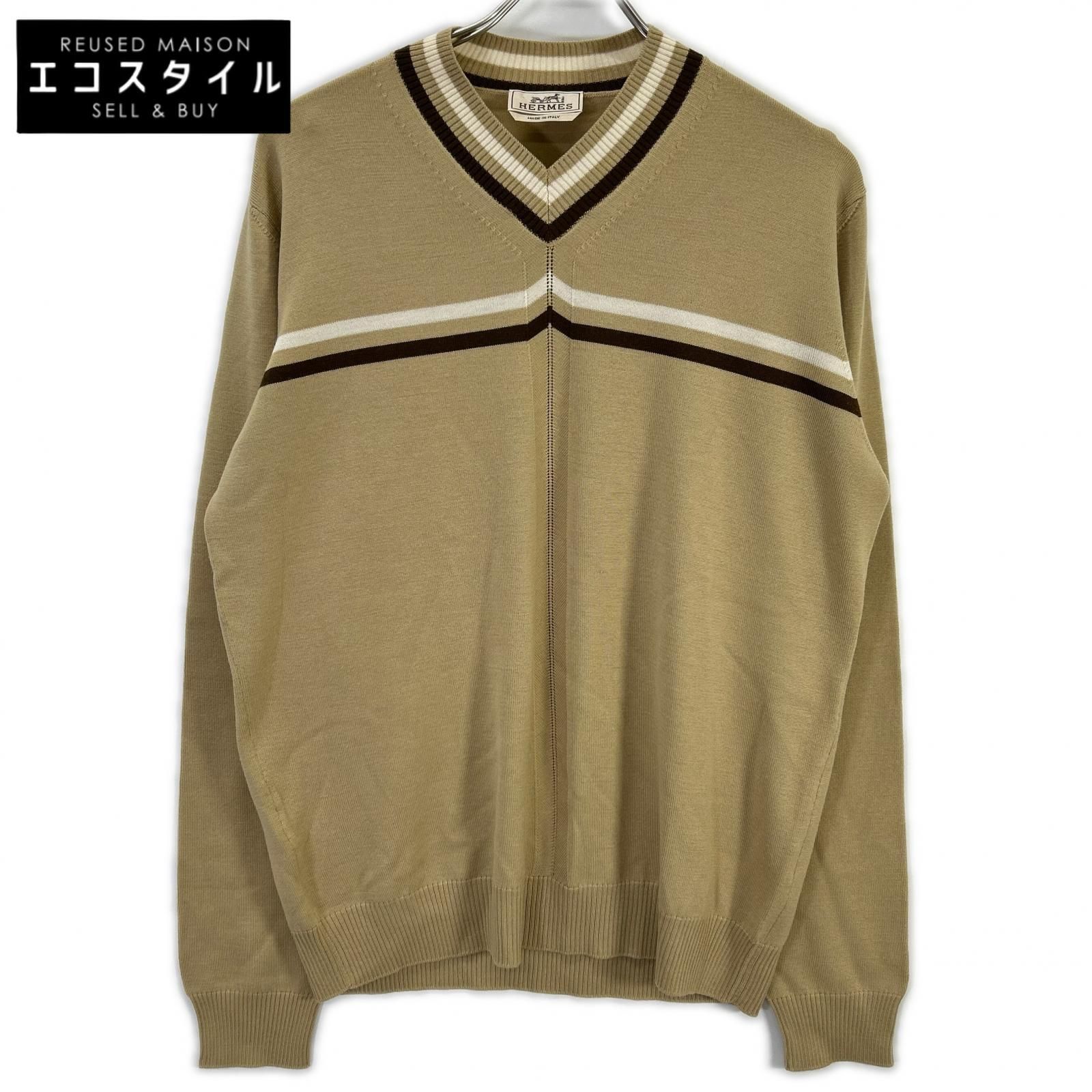 HERMES　エルメス　ベージュ ウール Vネック ニット セーター　L