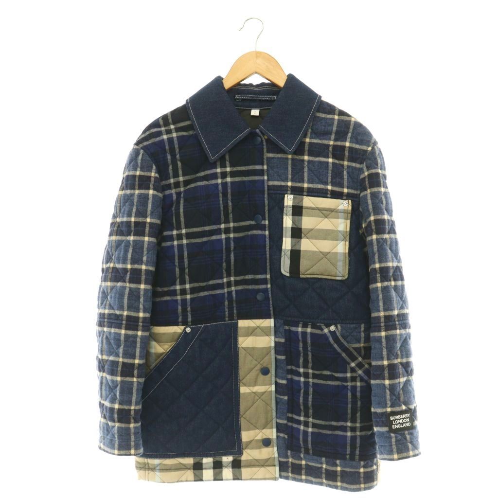 バーバリー BURBERRY パッチワーク チェック キルティングジャケット コート 中綿 ミドル丈 アウター SP 青 紺 ブルー ネイビー /HS ■OS