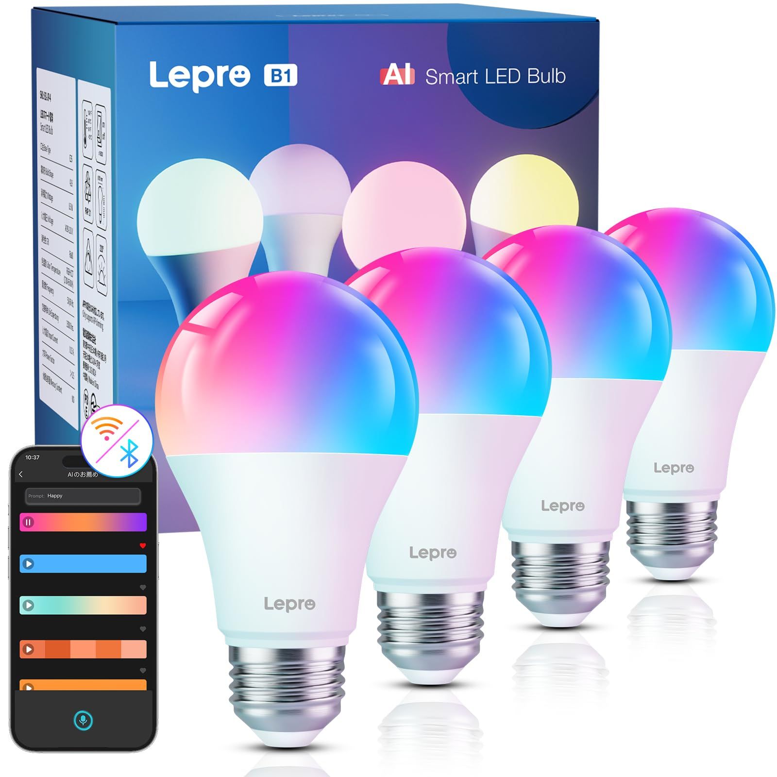 Lepro AI スマート電球 B1 led e26 60W形 4個 Alexa対応 Wi-Fi電球 音楽連動 806lm スマート照明 スマートライト 8.5Ｗ A19 APP 音声操作 電球色 昼白色 昼光色 RGB1600万色 虹色 ス 6aceb132