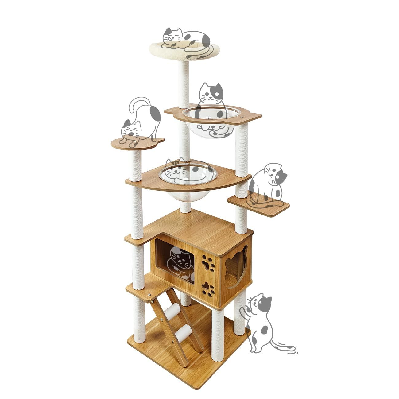 ★新品★日本メーカー RAKU キャットタワー 木製 宇宙船付き 高さ約160 cm 子猫 短足猫向け 多頭飼い 猫ハウス 爪とぎ支柱ポール 丸角デザイン 猫タワー 据え置き ホワイトコットン支柱 シンプル お手入れ簡単(キャットタワ-M（ホ 7ca9b679