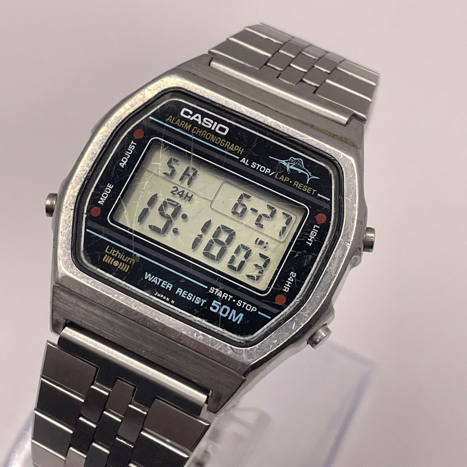 【新品電池】CASIO カシオ カジキ W-36 マーリン モジュール 248 デジタル 腕時計 稼働品 純正ベルト 超音波洗浄済 バックライト点灯 ヴィンテージ オールドカシオ レトロ フリーアジャスト 最大19cm 1980年代 希少 マリーン