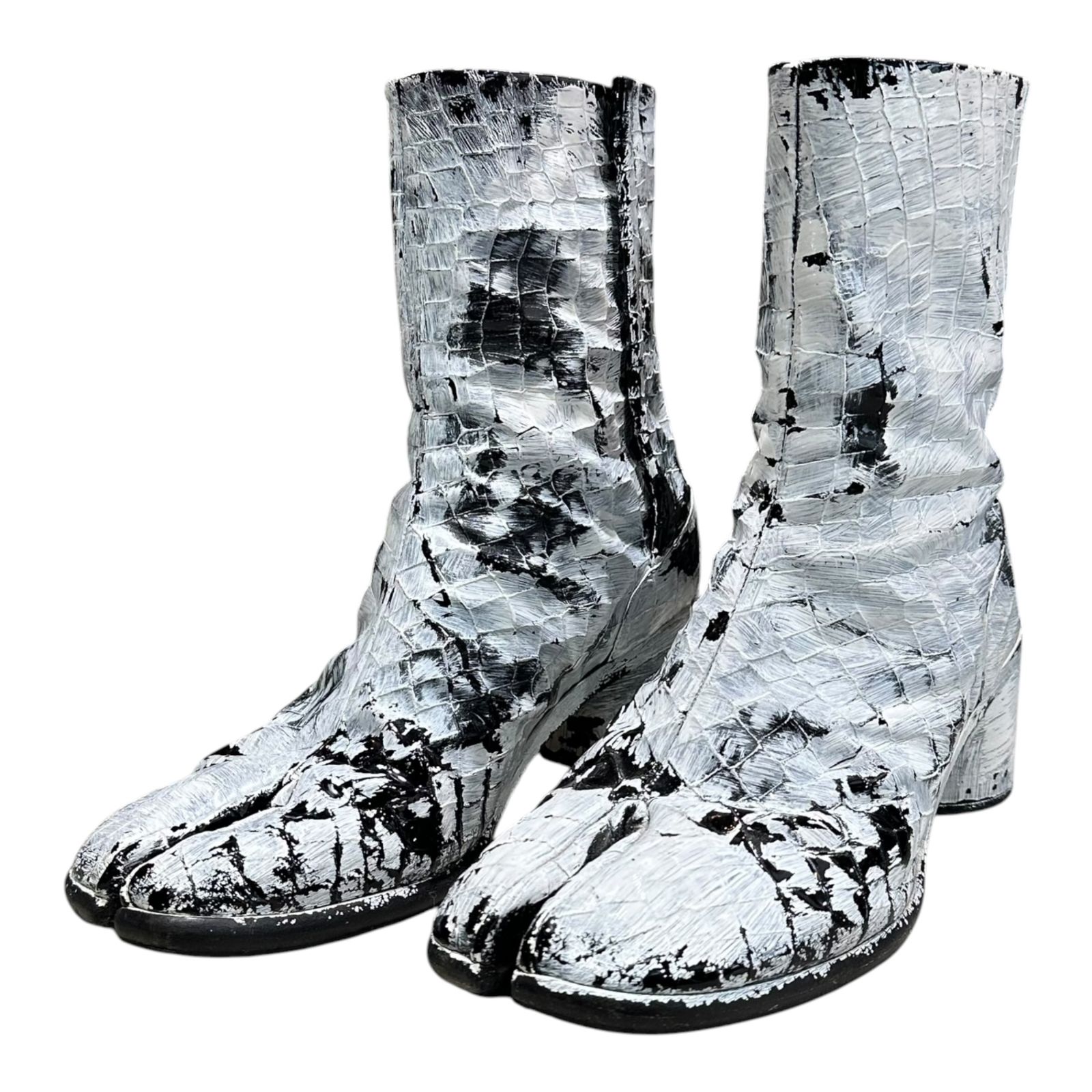 MAISON MARGIELA(メゾンマルジェラ) 21AW TABI BOOTS - Crocodile Embossed Leather Bianquet 足袋 ブーツ クロコ 型押し レザー ペンキ 43(27.5cm程度) ホワイト×ブラック