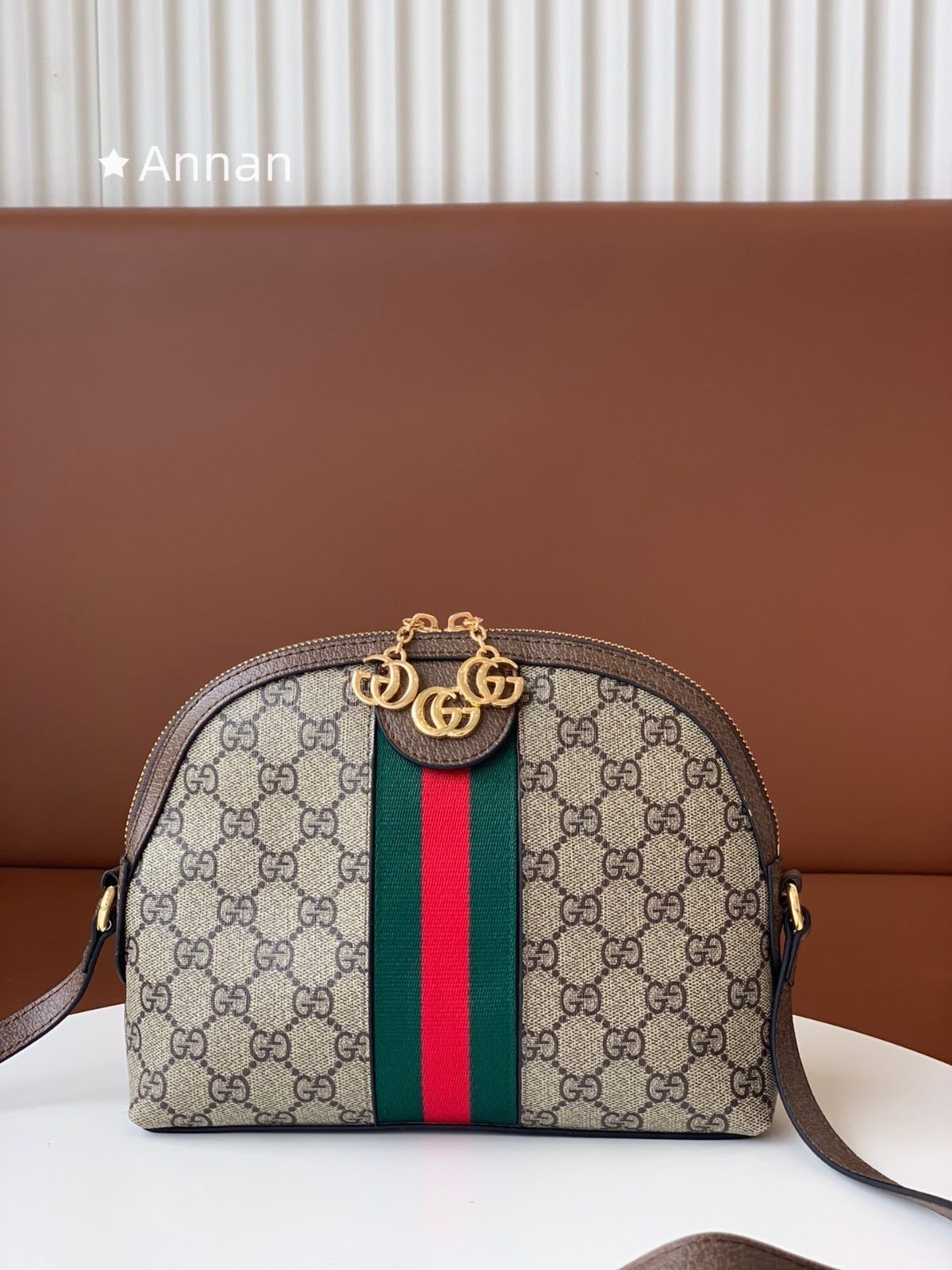 美品 GUCCI グッチ オフィディア スモール ショルダーバッグ GGスプリーム シェリーライン ポシェット 斜め掛け モカブラウン 499621
