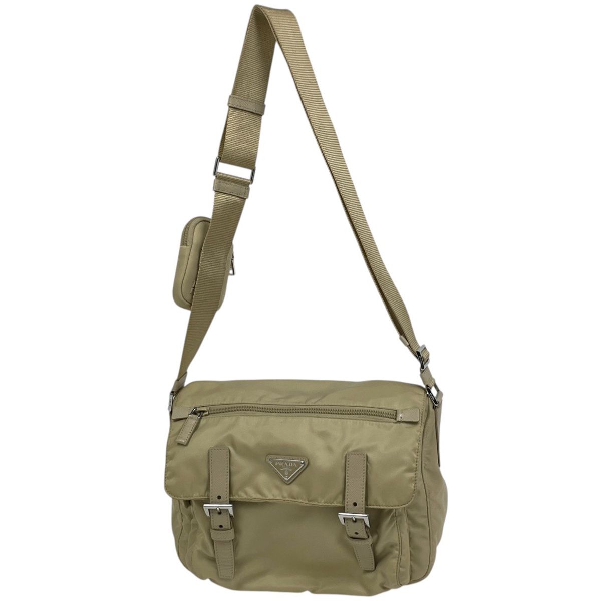 プラダ PRADA ロゴプレート ショルダーバッグ メッセンジャーバッグ ナイロン ベージュ レディース 【中古】