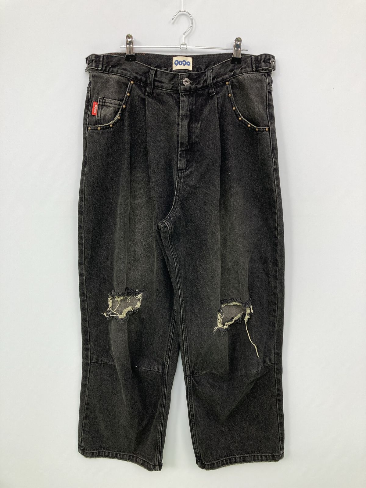 9090 ナインティナインティ デニムパンツ L ブラック クロップド・半端丈 無地 スタンダード ストレート ハイウエスト ヴィンテージ クラッシュ・ダメージ メンズ