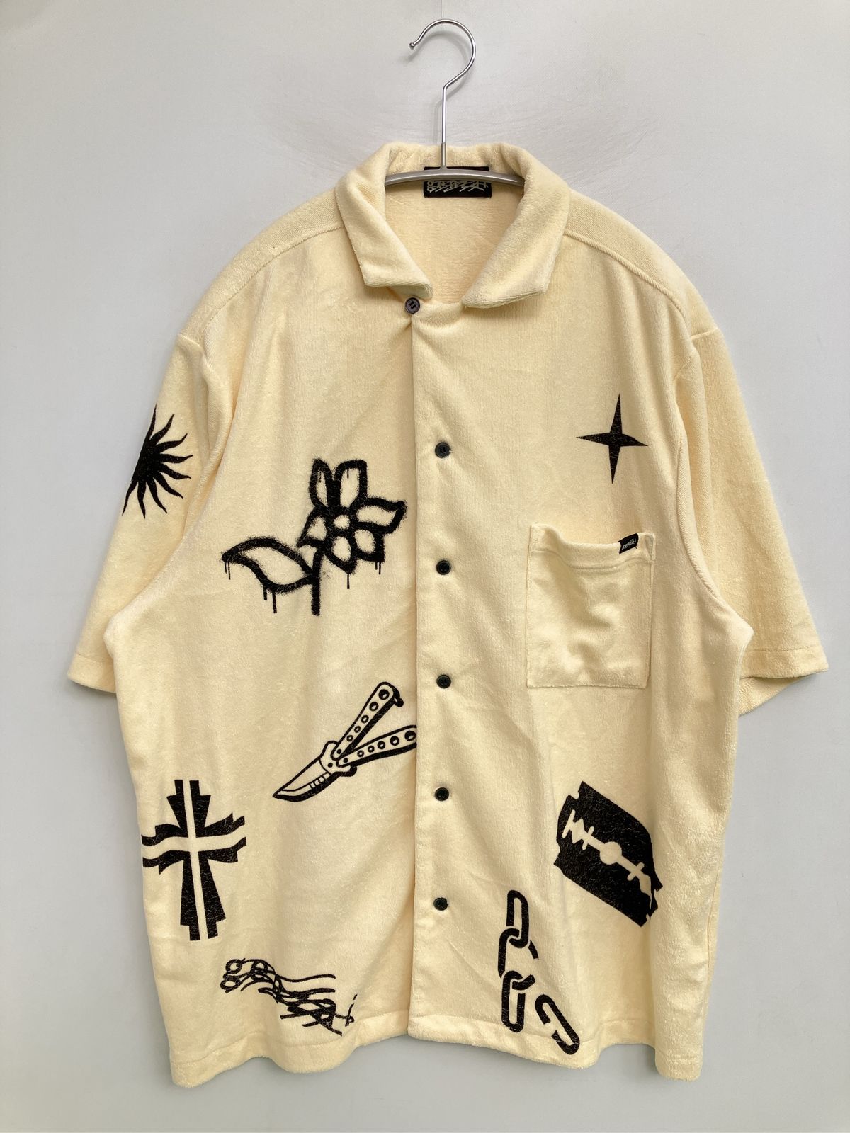 genzai ゲンザイ シャツ/ブラウス M アイボリー 無地 前面プリント バックプリント ミドル丈 半袖 オープンカラー メンズ