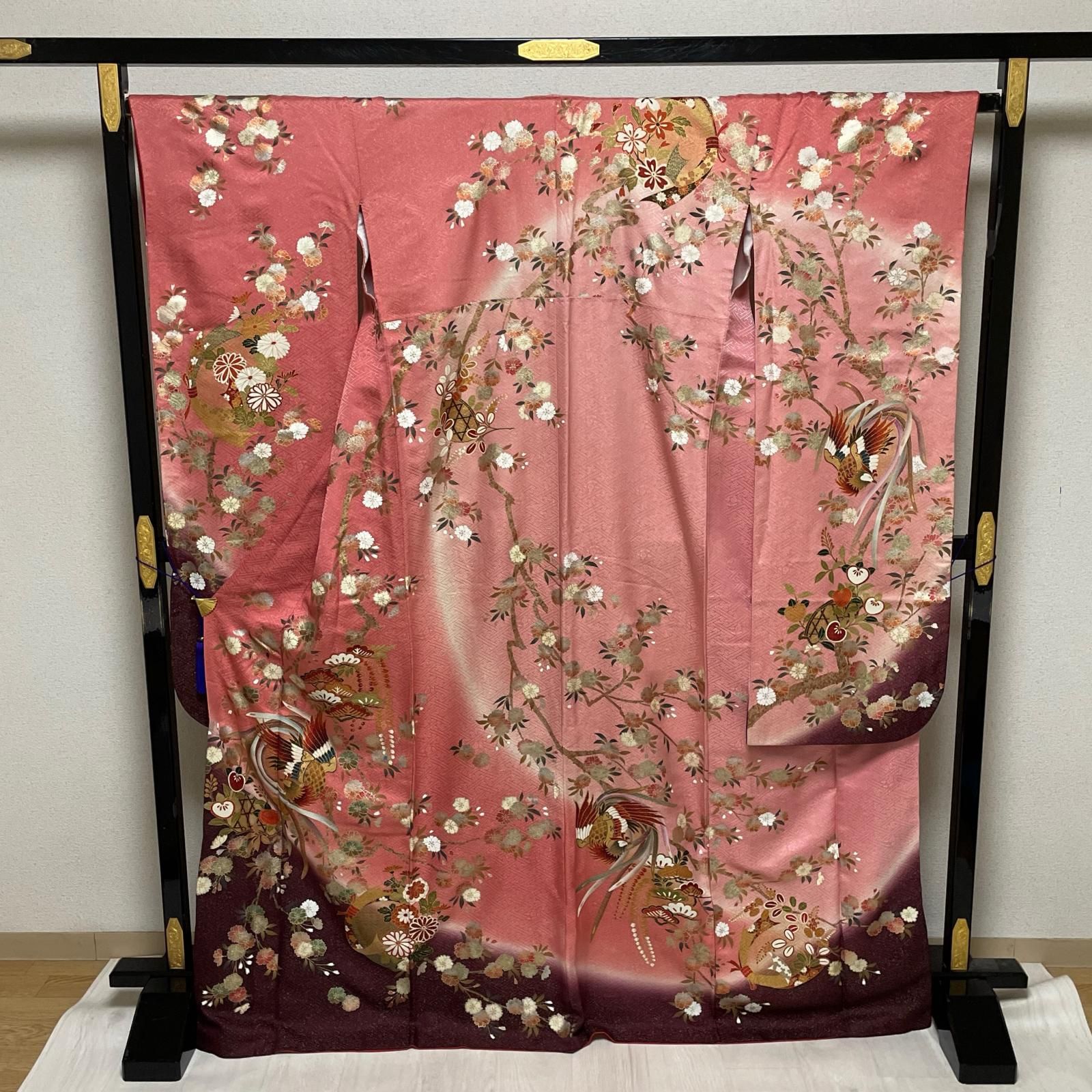 豪華振袖 トールサイズ 鳳凰に枝振りの花模様 金彩 着物 正絹 X-4275