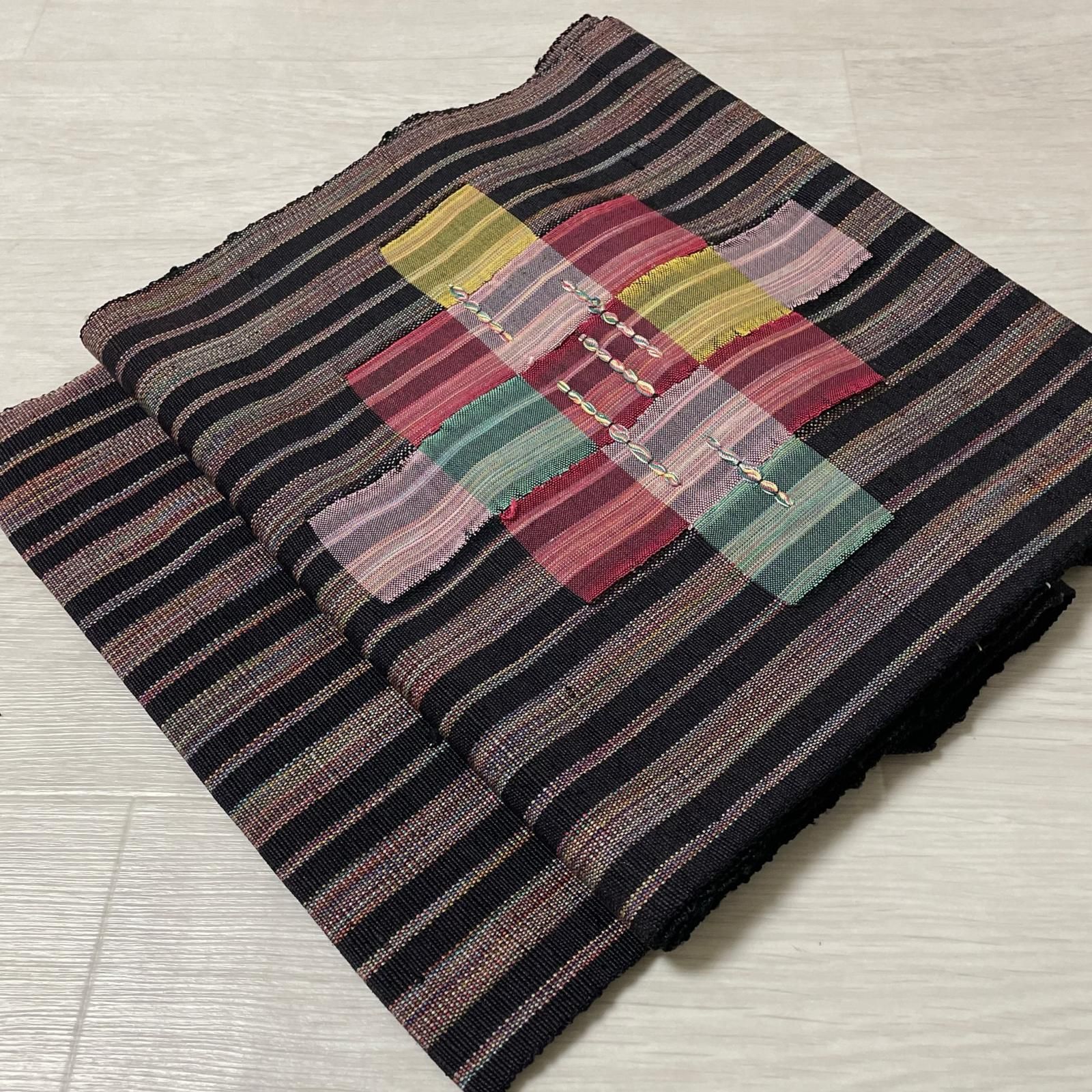 名古屋帯 縞に可愛い織出し 刺繍 八寸 正絹 着物 X-4285