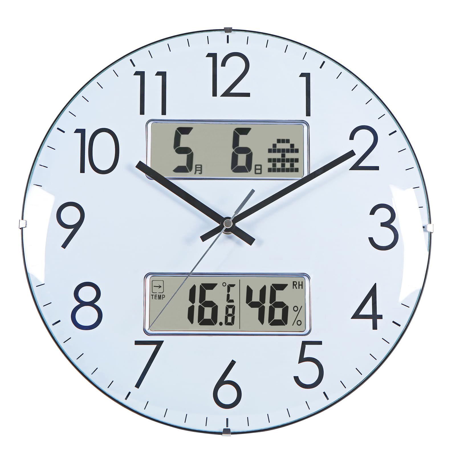 Nbdeal 掛け時計 電波時計 温度 湿度 日付 曜日表示 直径33cm アナログ 夜間秒針停止機能付き 静音 球面ガラス XPQM-6221 | 電波時計 温度 湿度 日付 曜日表示 夜間秒針停止機能付き 直径33cm 国内発送 d037805d