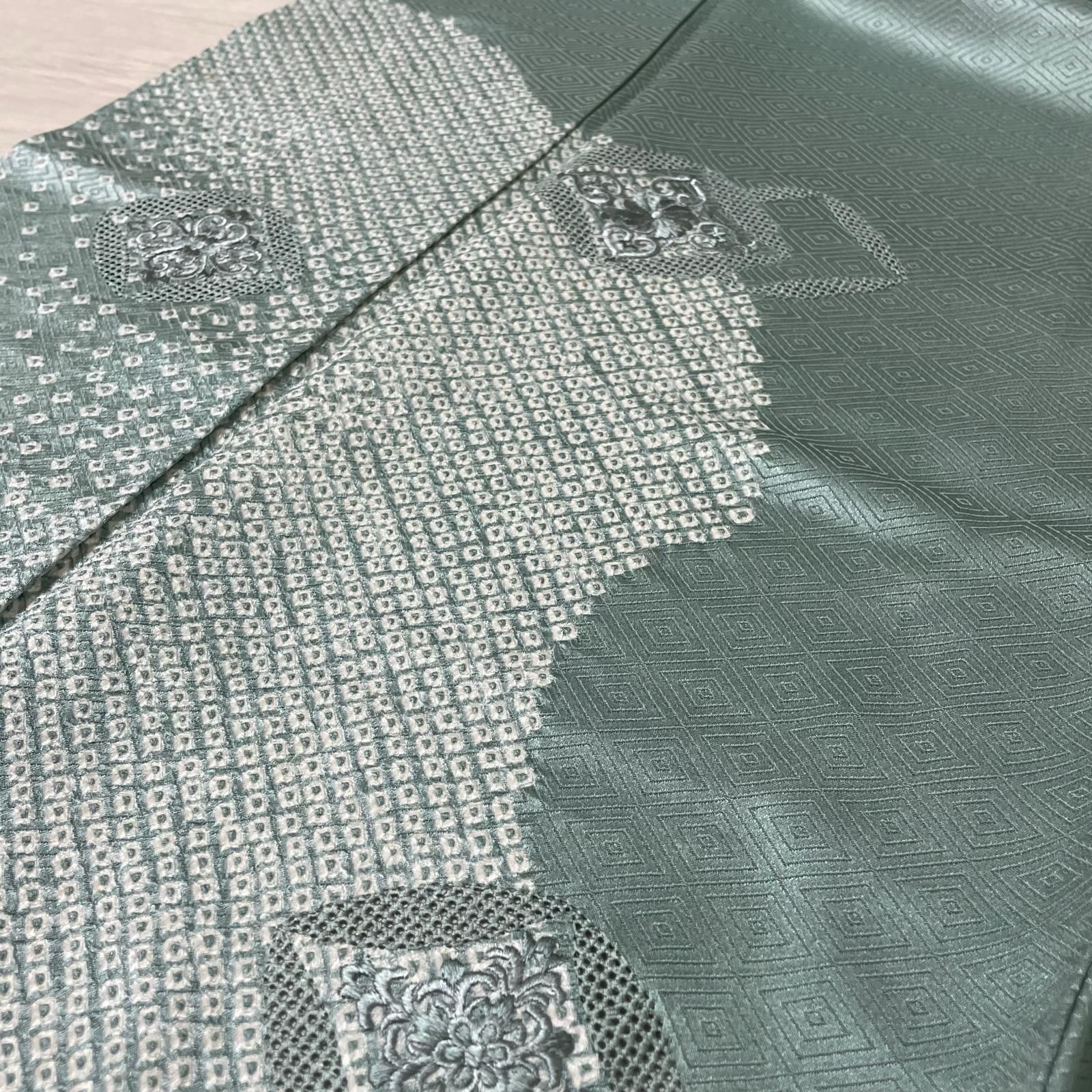付下げ 裄67 絞り染めに刺繍の正倉院模様 菱形地紋 着物 正絹 一つ紋 X-4326