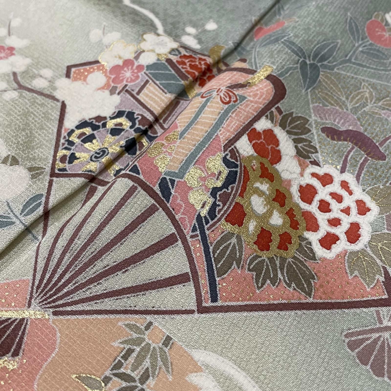 付下げ 扇に御所車 花模様 着物 正絹 X-4327