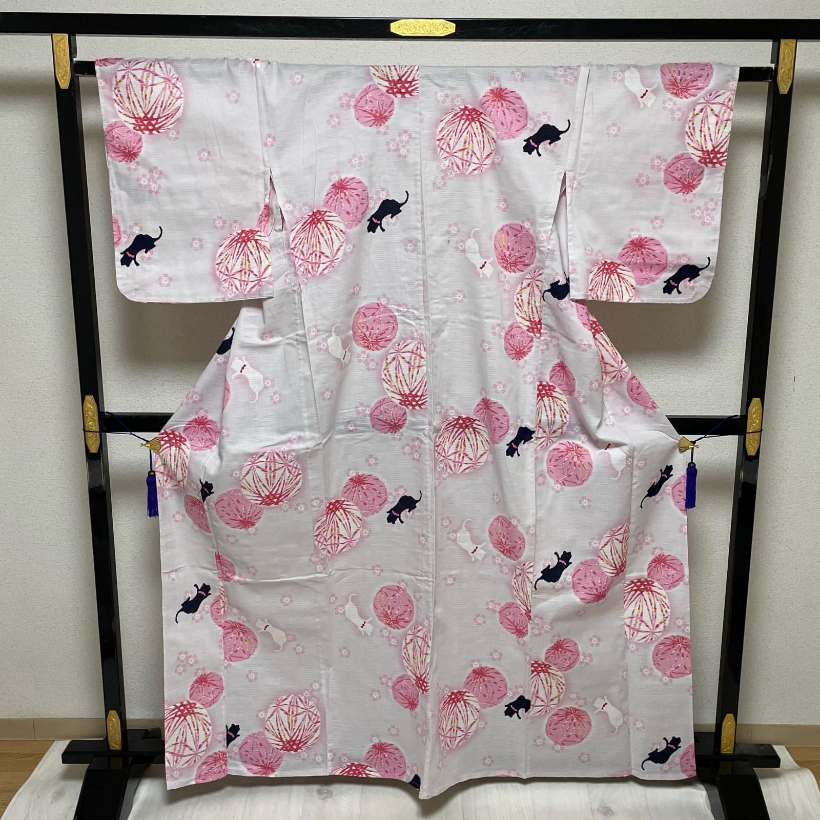浴衣 猫に鞠 可愛い染め 着物 綿 X-4334