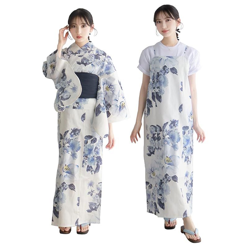 【新品】 [キョウエツ] 浴衣セット 変わり織 生成り ワンピース 2点セット(浴衣、兵児帯) レディース (6.アイスフラワー, フリーサイズ)