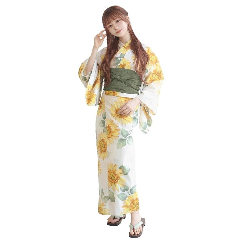 【新品】 [KYOETSU] [キョウエツ] 浴衣セット 変わり織 生成り 二部式 3点セット(浴衣、兵児帯、下駄) レディース AB (12.泡沫向日葵, フリーサイズ)