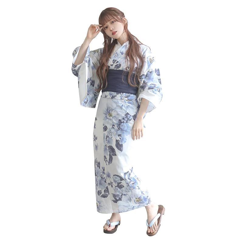 【新品】 [KYOETSU] [キョウエツ] 浴衣セット 変わり織 生成り 2点セット(浴衣、兵児帯) レディース A (アイスフラワー, フリーサイズ)