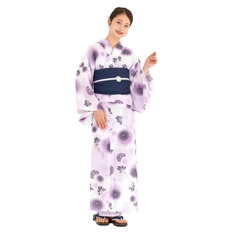 【新品】 [NISHIORI] 綿麻 レディース浴衣2点セット（浴衣＋しわ兵児帯）夏祭り 花火大会 コーディネート済み 10種類 フリーサイズ (No3, Free)