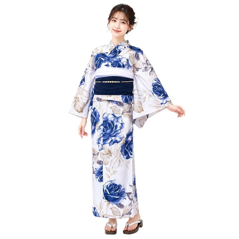 【新品】 [NISHIORI] 浴衣 レディース 2点セット 兵児帯 綿100％ フリーサイズ 大人向け 上品デザイン 花火大会 夏祭り 盆踊り イベント用 ゆかた 女性用 (kmflat-07)