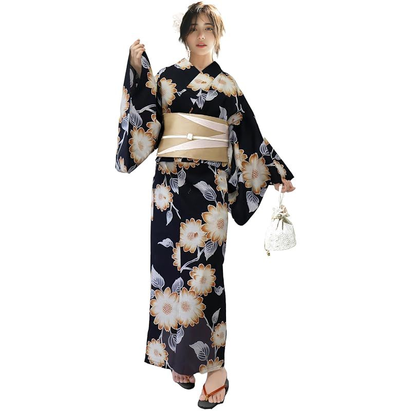 【新品】 [Aletta domani] 浴衣 レディース 2点セット 浴衣帯 セット 半幅帯 リバーシブル 綿100％ 簡単 レトロ モダン 可愛い 古典柄 花火大会 宵の向日葵 紺 ベージュ 黒