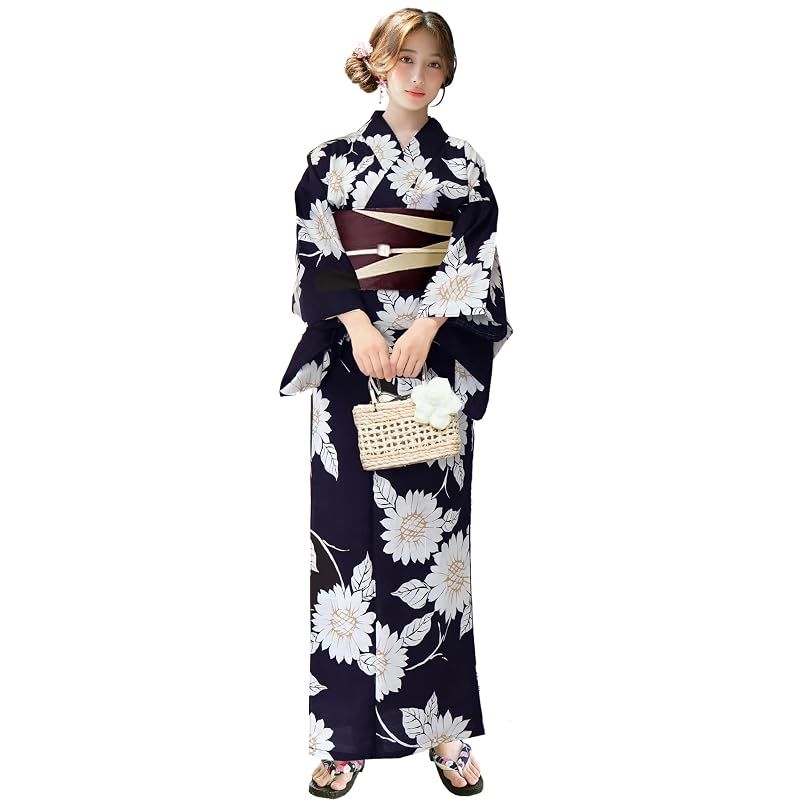 【新品】 [Aletta domani] 浴衣 レディース 2点セット 浴衣帯 セット 半幅帯 リバーシブル 綿100％ 古典柄 花火大会 涼華葵 紺色 茶 ベージュ