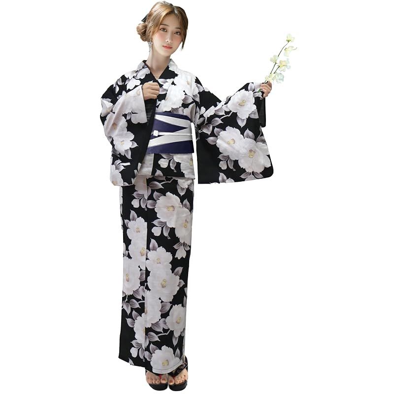 【新品】 [Aletta domani] 浴衣 レディース 2点セット 浴衣帯 セット 半幅帯 リバーシブル 綿100％ 古典柄 花火大会 白椿小町 ブルー 紺色