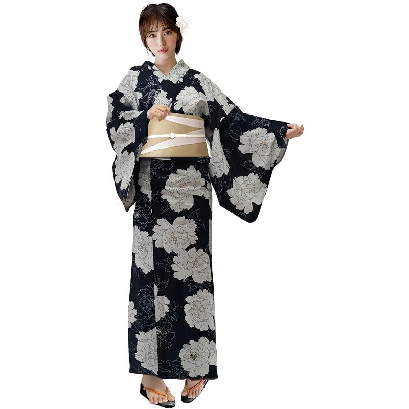 【新品】 [Aletta domani] 浴衣 レディース 2点セット 浴衣帯 セット 半幅帯 リバーシブル 綿100％ 古典柄 花火大会 宵澄牡丹（よいずみぼたん）黒 ベージュ アイボリー