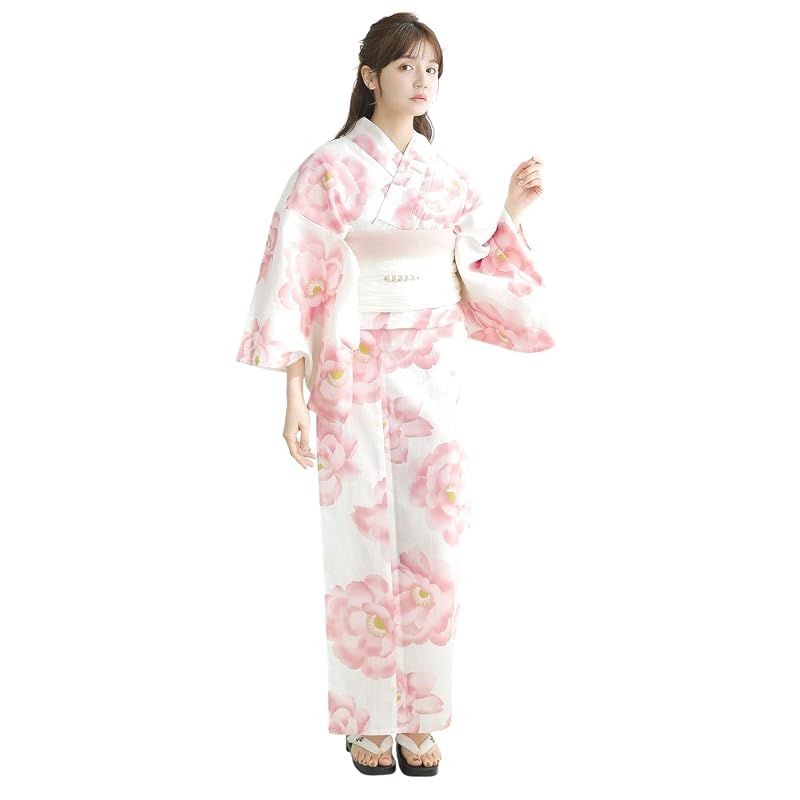 【新品】 （ディータ）Dita レディース 浴衣 5点セット ピンク 白 花柄 水彩 ガーリー 大柄 ナチュラル 1人で簡単着付け (朱鷺色の幻想牡丹, FREE(フリーサイズ))