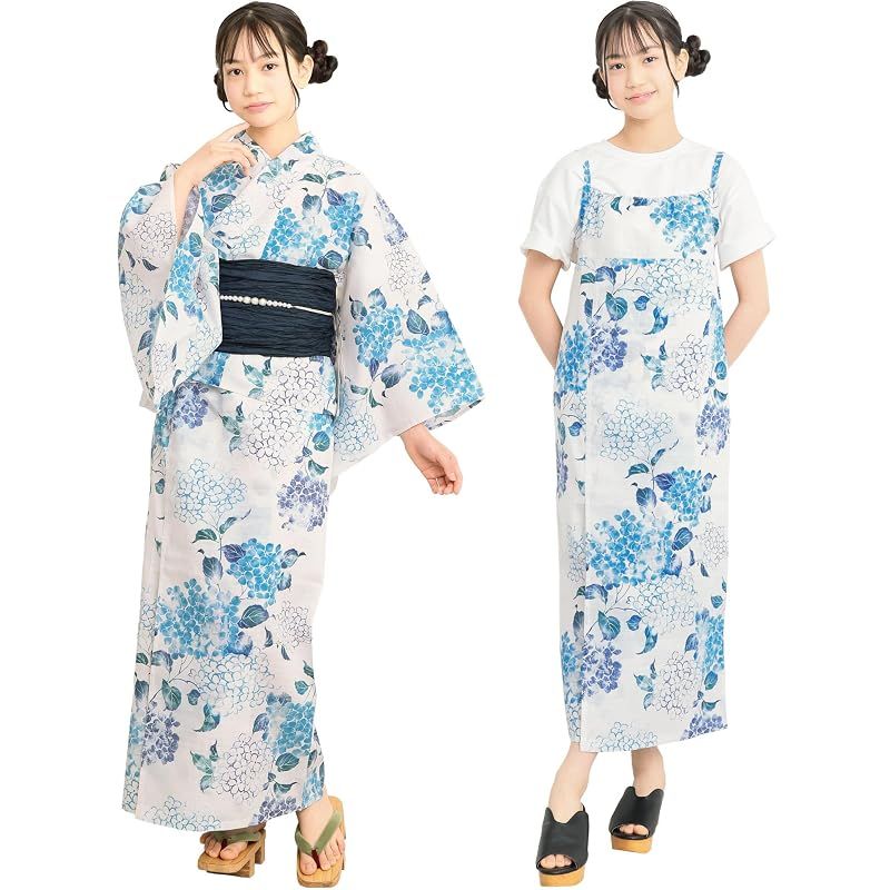 【新品】 [ON NISHIKI] 浴衣 子供 キッズ 女の子 セパレート (ワンピース＋上衣＋帯) 3点セット 綿100％ 変わり織 (140cm/150cm/160cm) ジュニア 簡単着付け 2WAY 二部式 兵児帯 レトロ 和柄 (兵児帯:ﾈｲﾋﾞｰ_