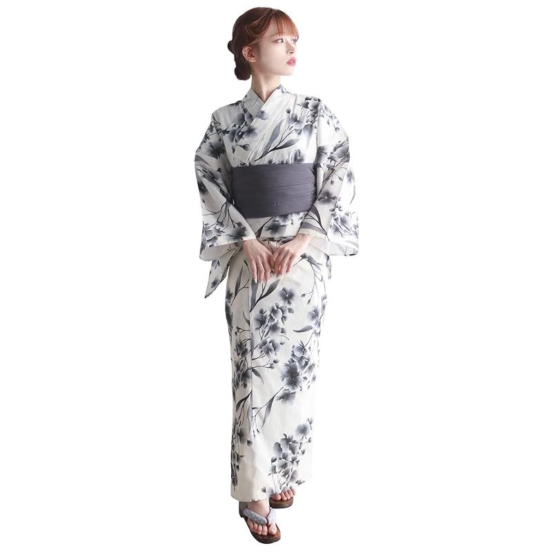 【新品】 [KYOETSU] [キョウエツ] 浴衣セット 変わり織 生成り 二部式 3点セット(浴衣、兵児帯、下駄) レディース AB (フリーサイズ, 2.練色に水墨蘭)