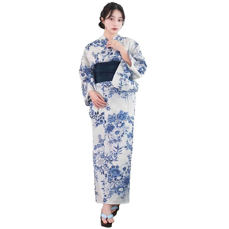 【新品】 [KYOETSU] [キョウエツ] 浴衣セット 変わり織 生成り 二部式 3点セット(浴衣、兵児帯、下駄) レディース AB (群青花苑, フリーサイズ)