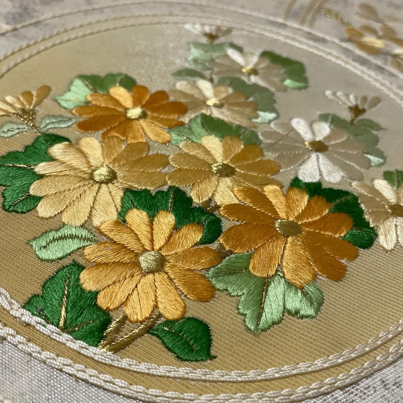 名古屋帯 引き箔 刺繍の花模様 九寸 正絹 着物 X-4373