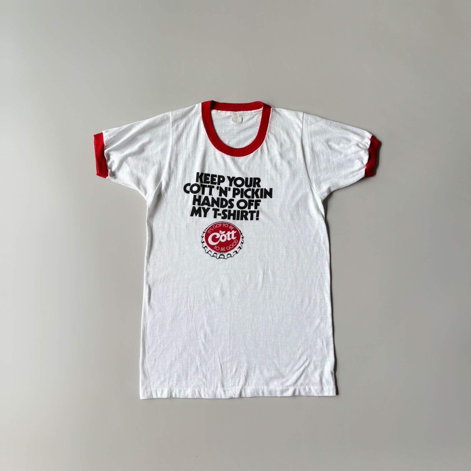 80s Cott print Tee Made in USA / 80年代 ソーダ飲料メーカー コット 染み込みプリント リンガー Tシャツ