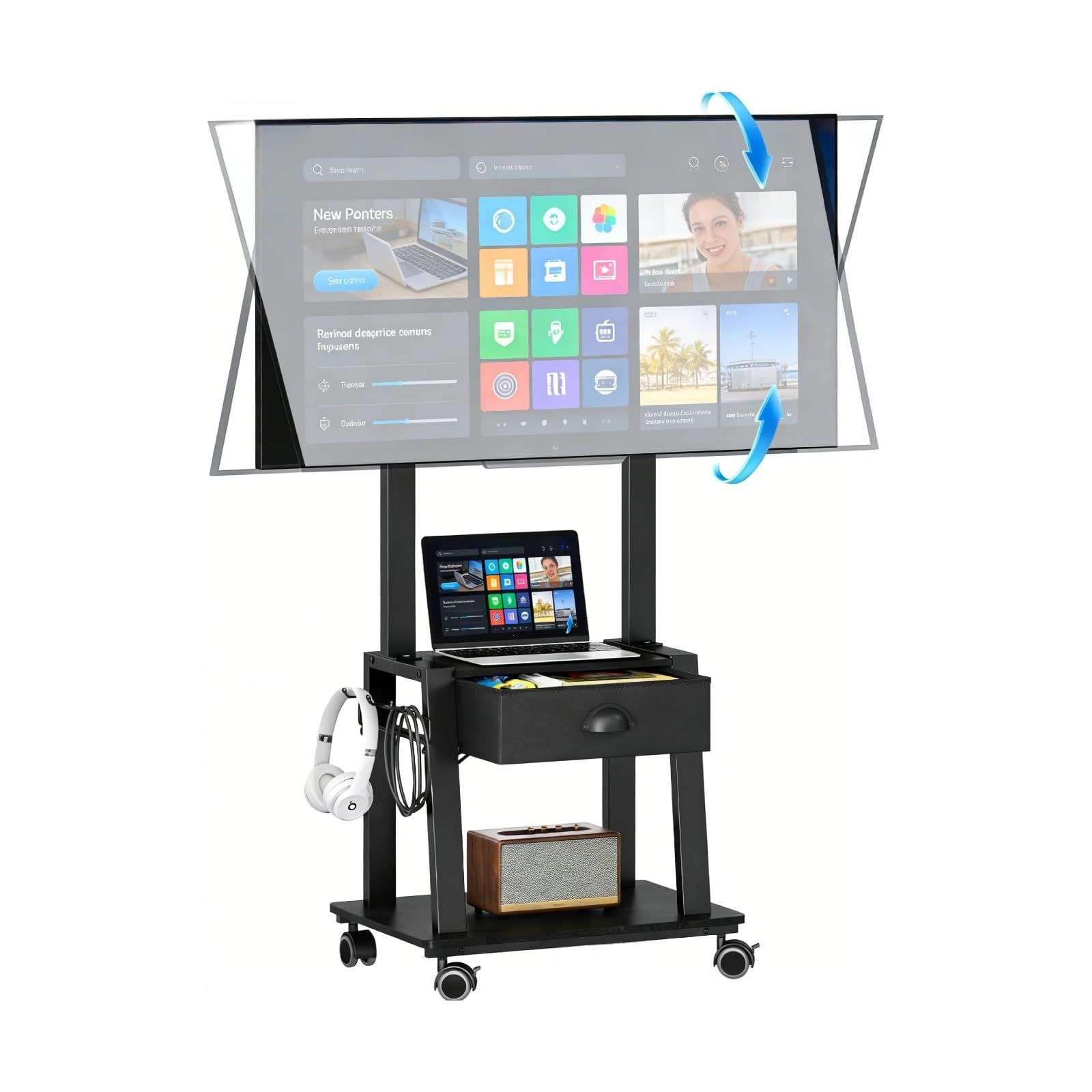 【新着商品】(ブラック 屋内・屋外兼用 VESA規格対応（最大400×400mm） 2段収納棚 引き出し付き 上下チルト調節可能 引き出し付き) 23～60インチのフラット/曲面テレビ対応 ロック機能付き キャスター付き 高さ調節可能 移動式テレビ台 テレビス