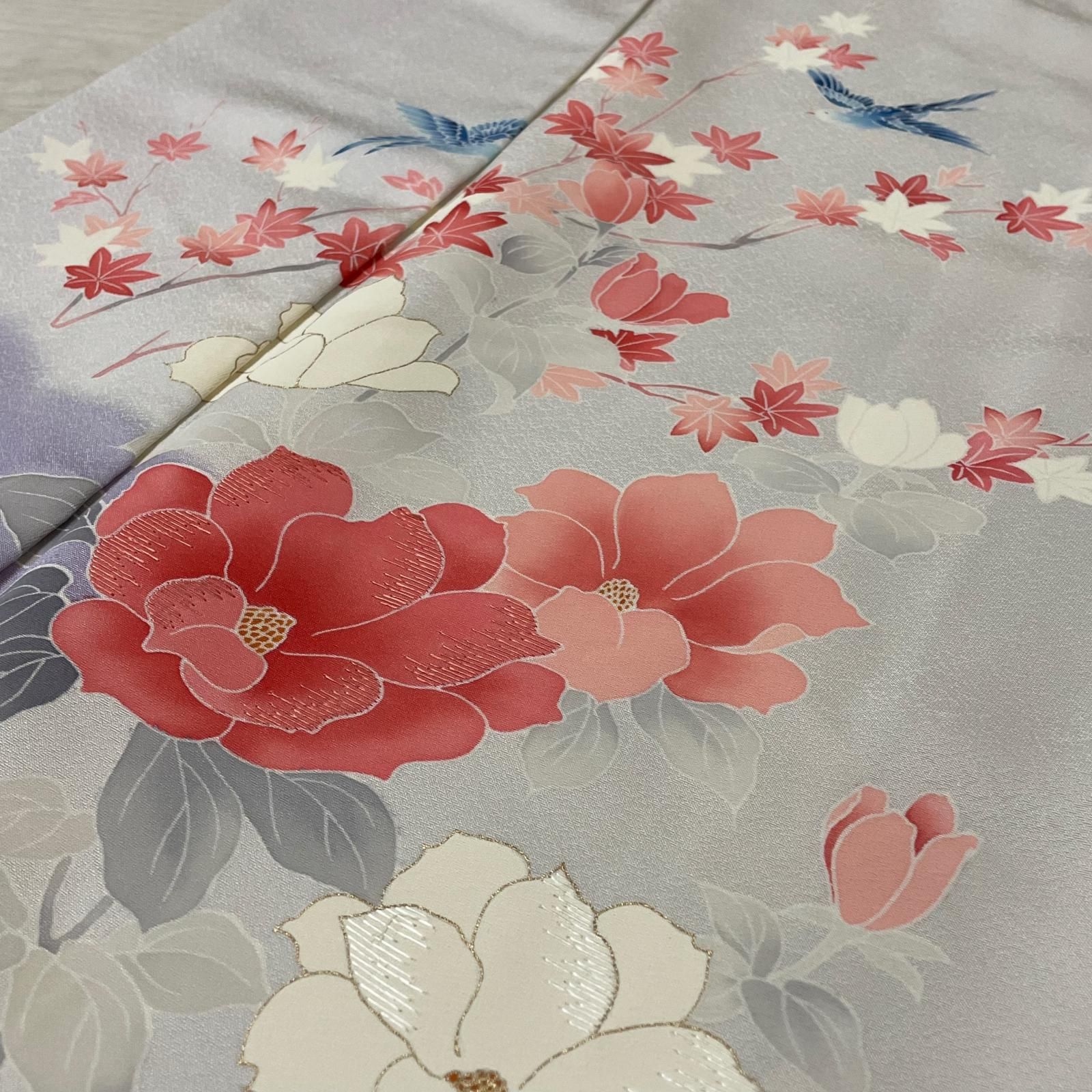 付下げ トールサイズ 椿に紅葉 上品な染め 着物 正絹 X-4412