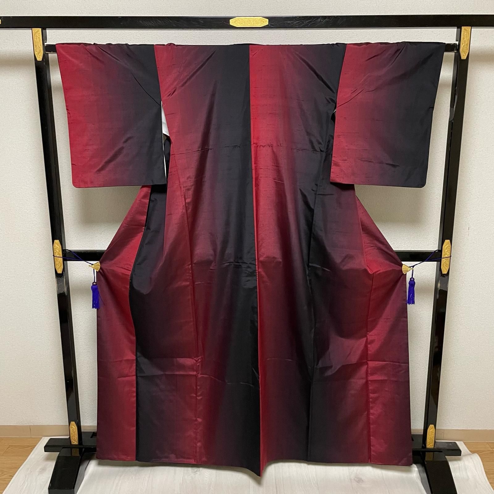 紬 モダンな色味の縞模様 着物 正絹 X-4428