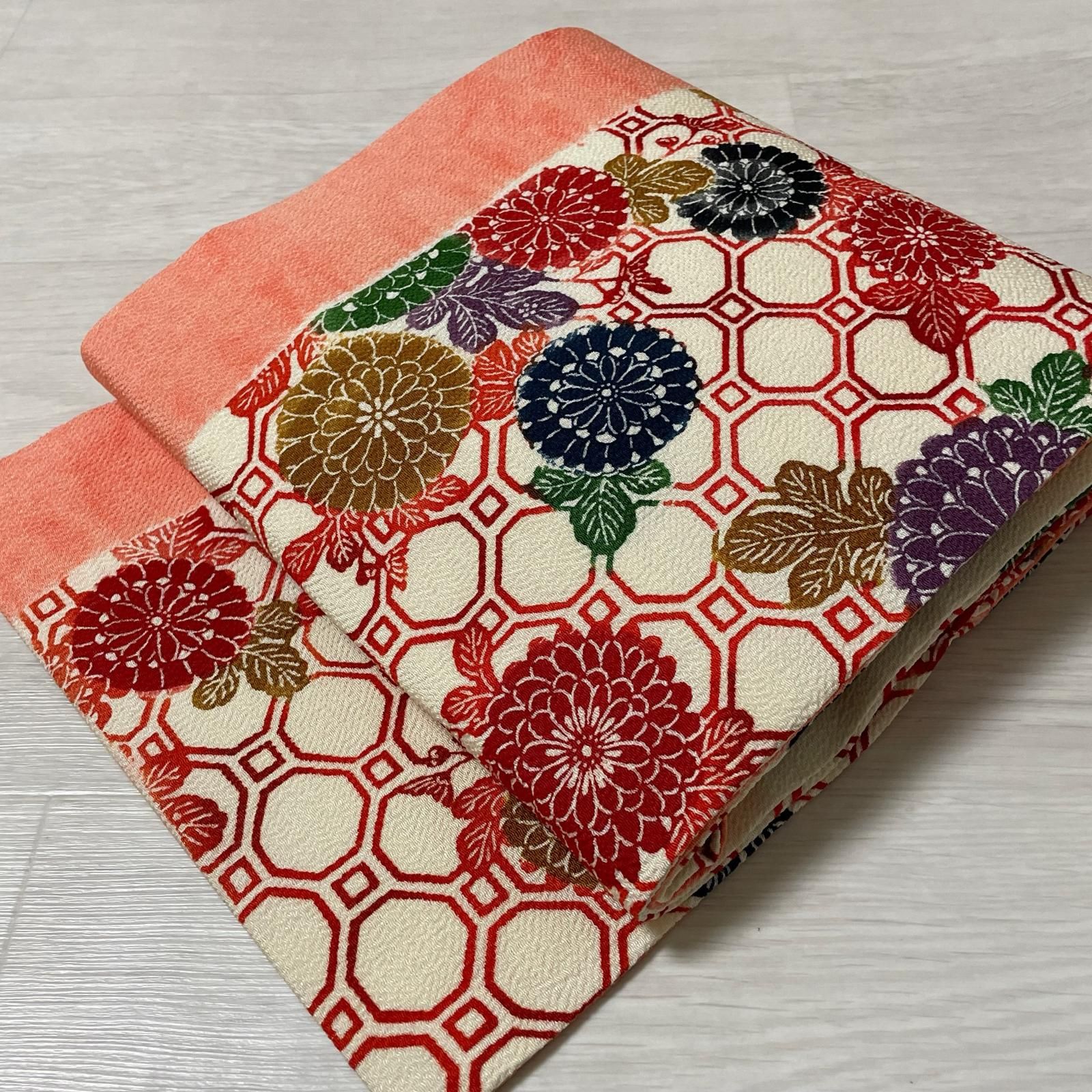 名古屋帯 型染め ちりめん 全通 蜀江に菊の花 九寸 正絹 着物 X-4458