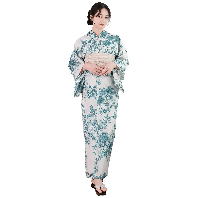 【新品】 [KYOETSU] [キョウエツ] 浴衣セット 変わり織 生成り 二部式 3点セット(浴衣、兵児帯、下駄) レディース AB (翡翠花苑, フリーサイズ)