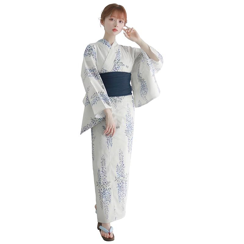 【新品】 [KYOETSU] [キョウエツ] 浴衣セット 変わり織 生成り 6点セット(浴衣、兵児帯、肌着、下駄、腰紐) レディース F (2.京藤時雨, フリーサイズ)