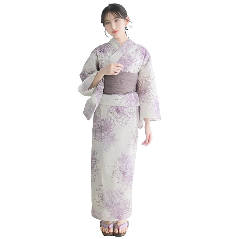 【新品】 [KYOETSU] [キョウエツ] 浴衣セット 変わり織 生成り 6点セット(浴衣、兵児帯、肌着、下駄、腰紐) レディース F (3.紫菊の霞, フリーサイズ)