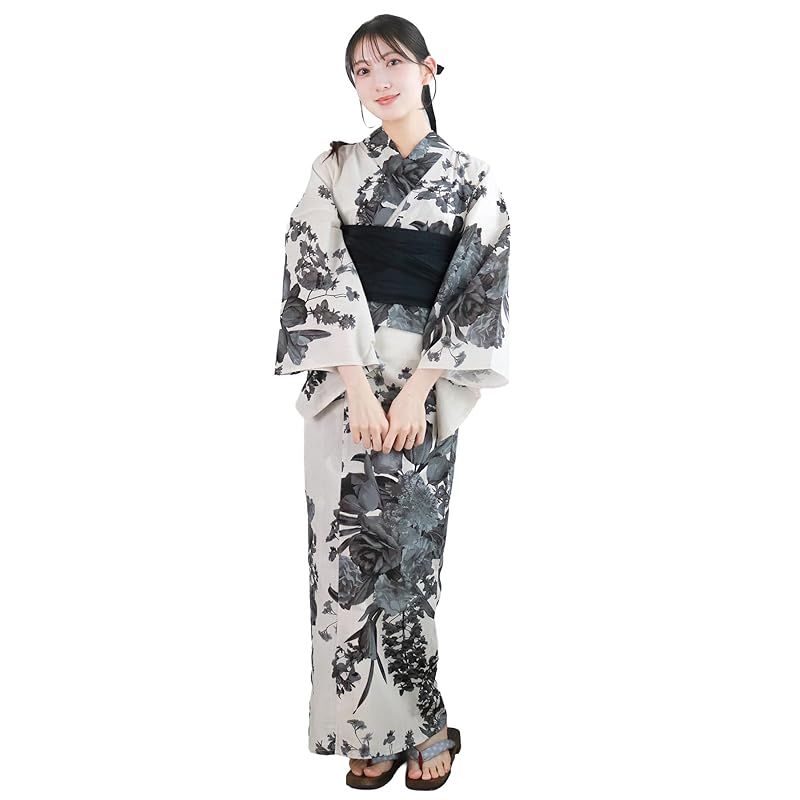 【新品】 [KYOETSU] [キョウエツ] 浴衣セット 変わり織 生成り 6点セット(浴衣、兵児帯、肌着、下駄、腰紐) レディース A (モノクロームブーケ, フリーサイズ)