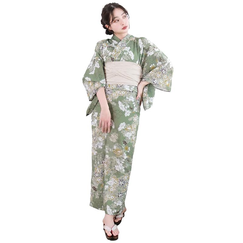 【新品】 [KYOETSU] [キョウエツ] 浴衣セット 変わり織 生成り 6点セット(浴衣、兵児帯、肌着、下駄、腰紐) レディース A (春の庭園, フリーサイズ)