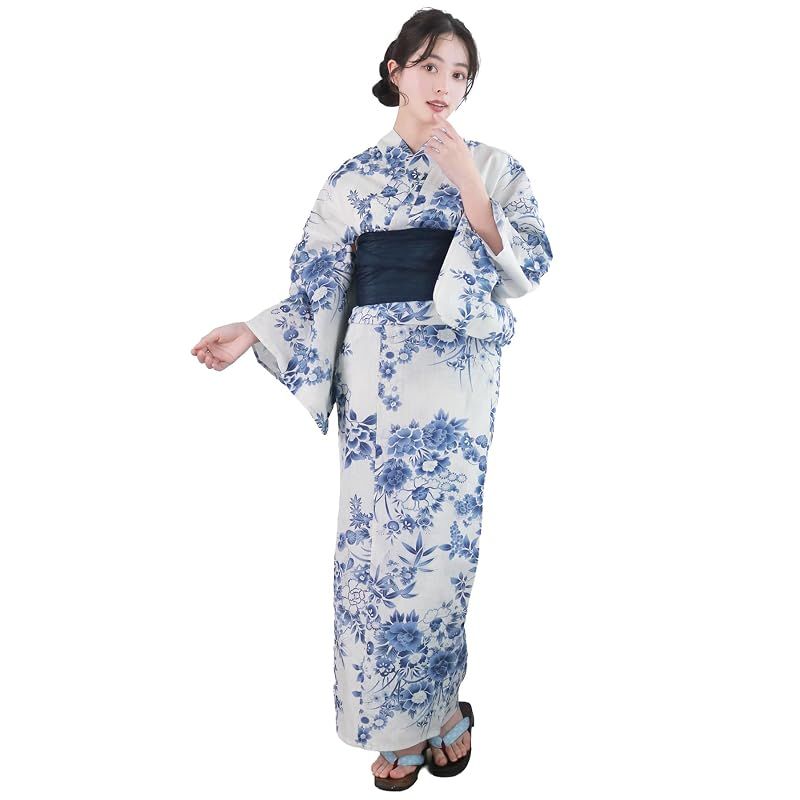 【新品】 [KYOETSU] [キョウエツ] 浴衣セット 変わり織 生成り 6点セット(浴衣、兵児帯、肌着、下駄、腰紐) レディース A (群青花苑, フリーサイズ)