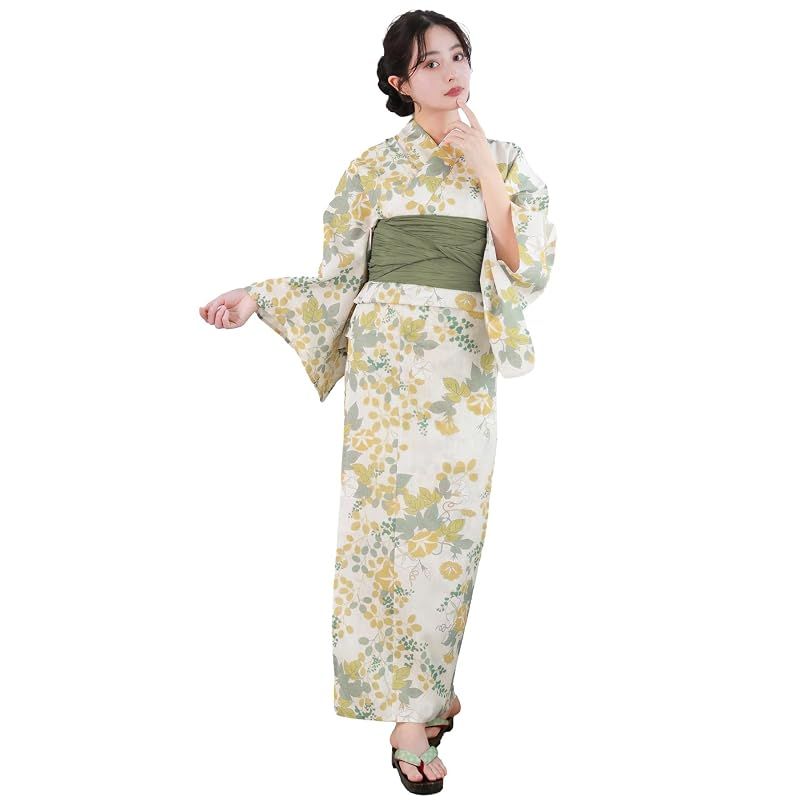 【新品】 [KYOETSU] [キョウエツ] 浴衣セット 変わり織 生成り 6点セット(浴衣、兵児帯、肌着、下駄、腰紐) レディース A (蔦に黄朝顔, フリーサイズ)
