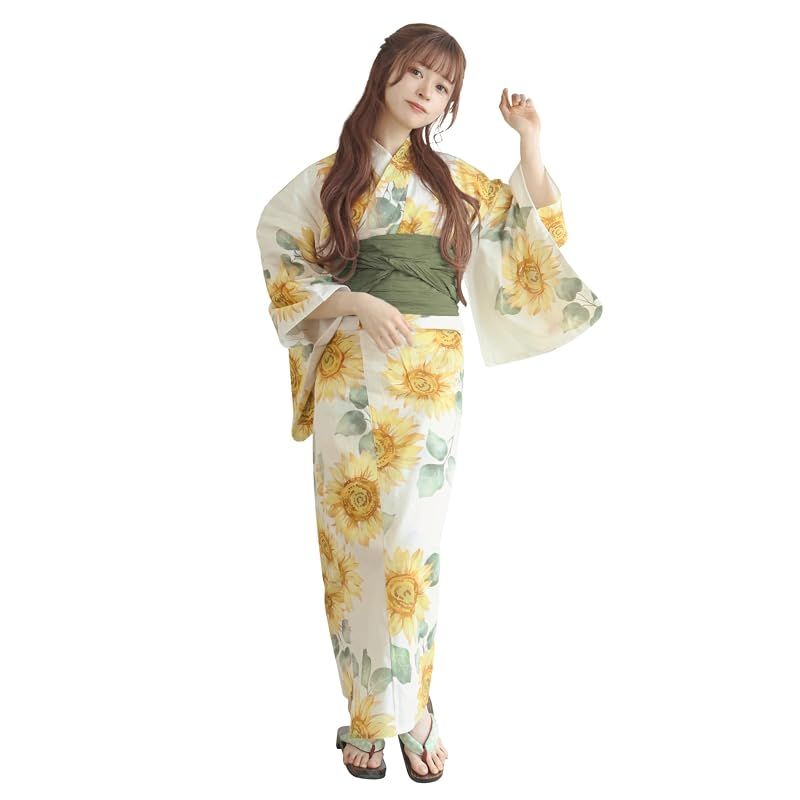 【新品】 [KYOETSU] [キョウエツ] 浴衣セット 変わり織 二部式 2点セット(浴衣、兵児帯) レディース AB (泡沫向日葵, フリーサイズ)