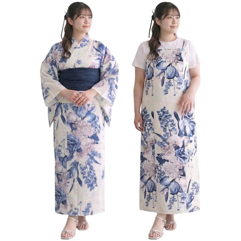 【新品】 [KYOETSU] [キョウエツ] 浴衣セット 変わり織 生成り ワンピース 2点セット(浴衣、兵児帯) レディース フリーワイドサイズ FW (フローズンブーケ, フリーワイドサイズ)