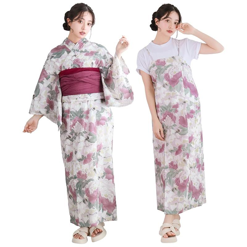 【新品】 [KYOETSU] [キョウエツ] 浴衣セット 変わり織 生成り ワンピース 3点セット(浴衣、兵児帯、ぷち兵児帯) レディース (ロゼマグノリア, フリーサイズ)